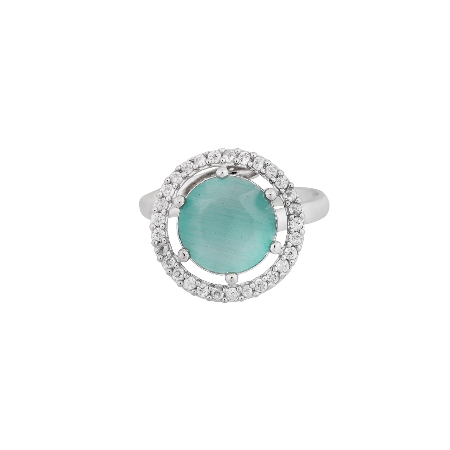 CKLAKART's NOOR Silver-Toned Ring Adorned with Aquamarine Stones and Dazzling American Diamonds