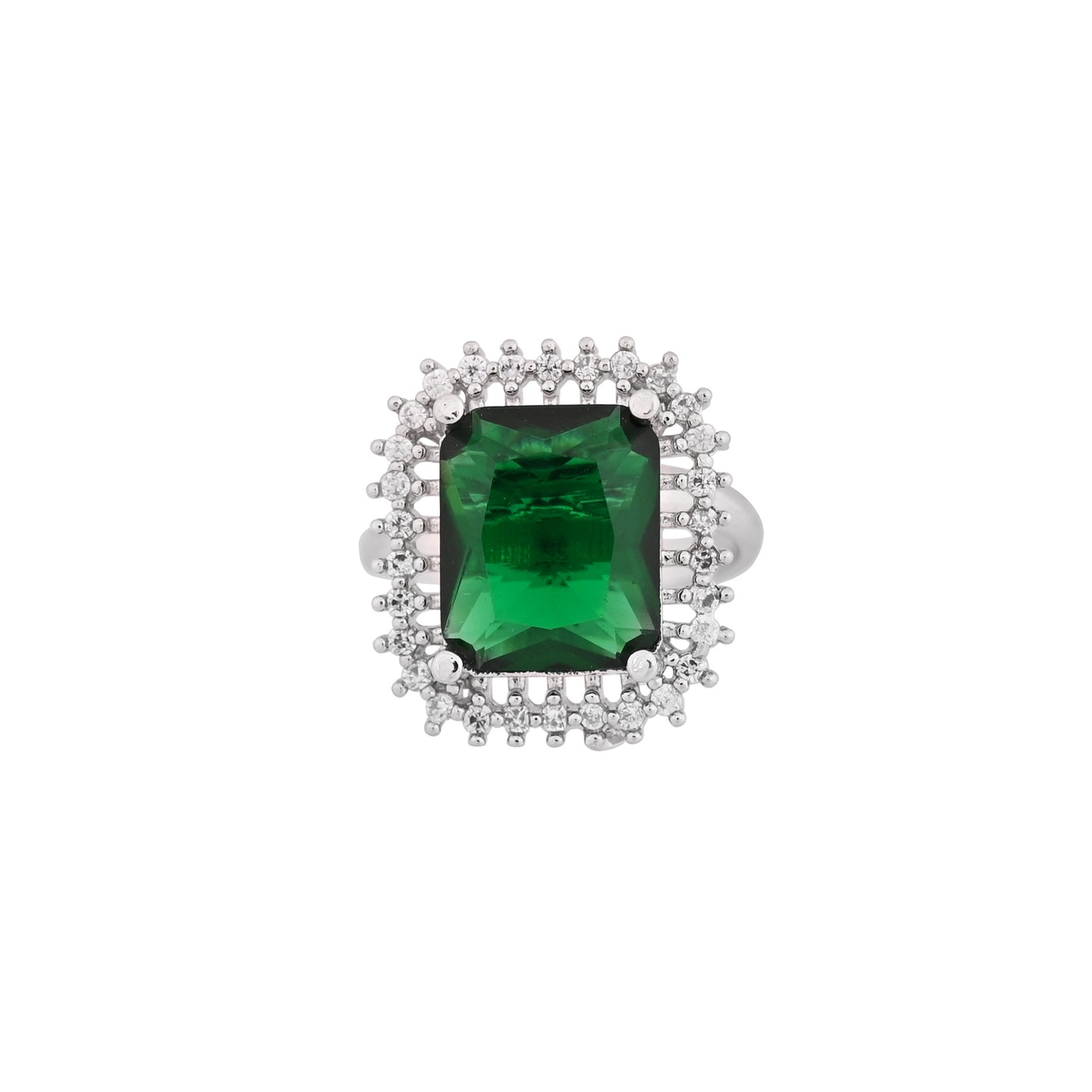 CKLAKART's NOOR Classic Silver-Toned Bracelet and Ring Set with Emerald Green Stones and Sophisticated American Diamonds