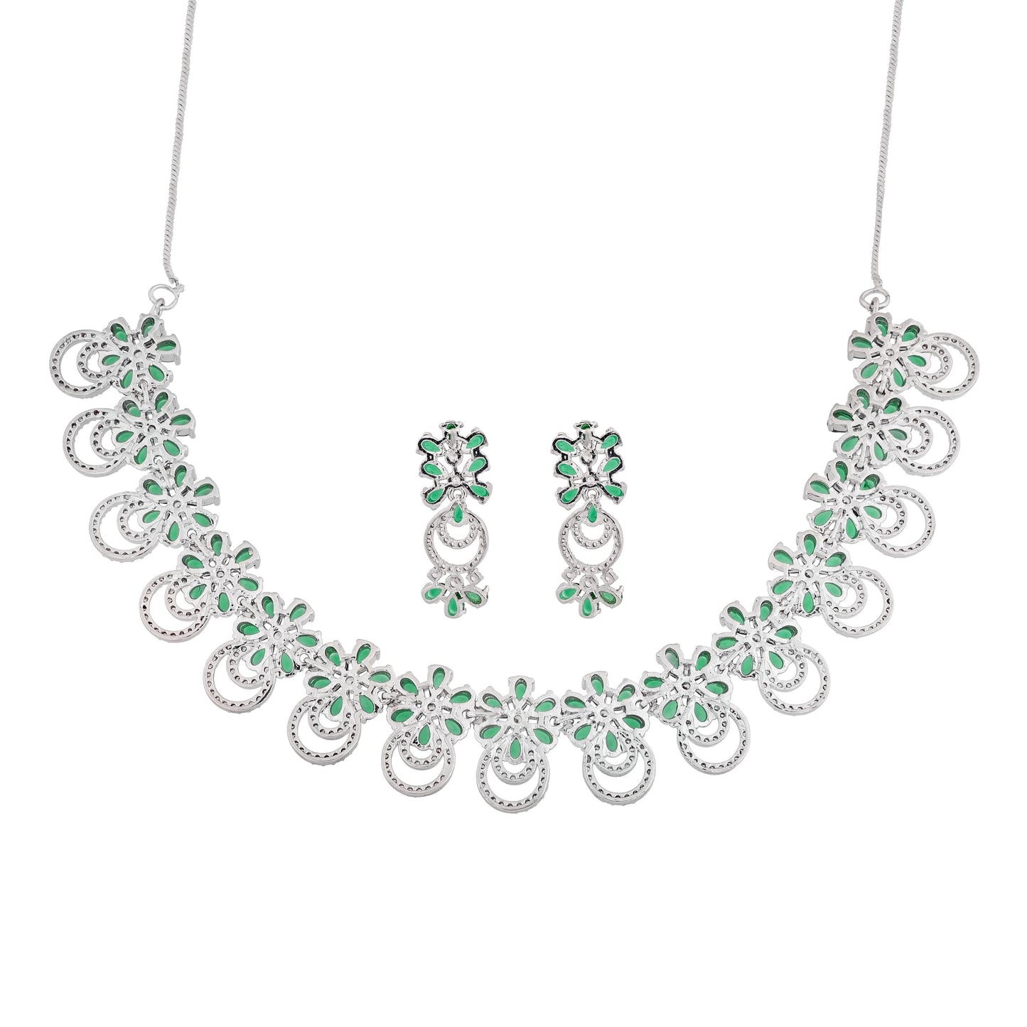 CKLAKART's NOOR Silver-Toned Choker set with Maang Tika Adorned with Emerald Green Stones and Dazzling American Diamonds