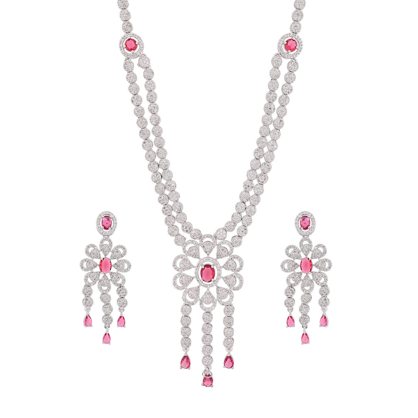CKLAKART's NOOR Refined Silver Double-Layer Necklace Set with Ruby Red Stones and Elegant American Diamond Accents