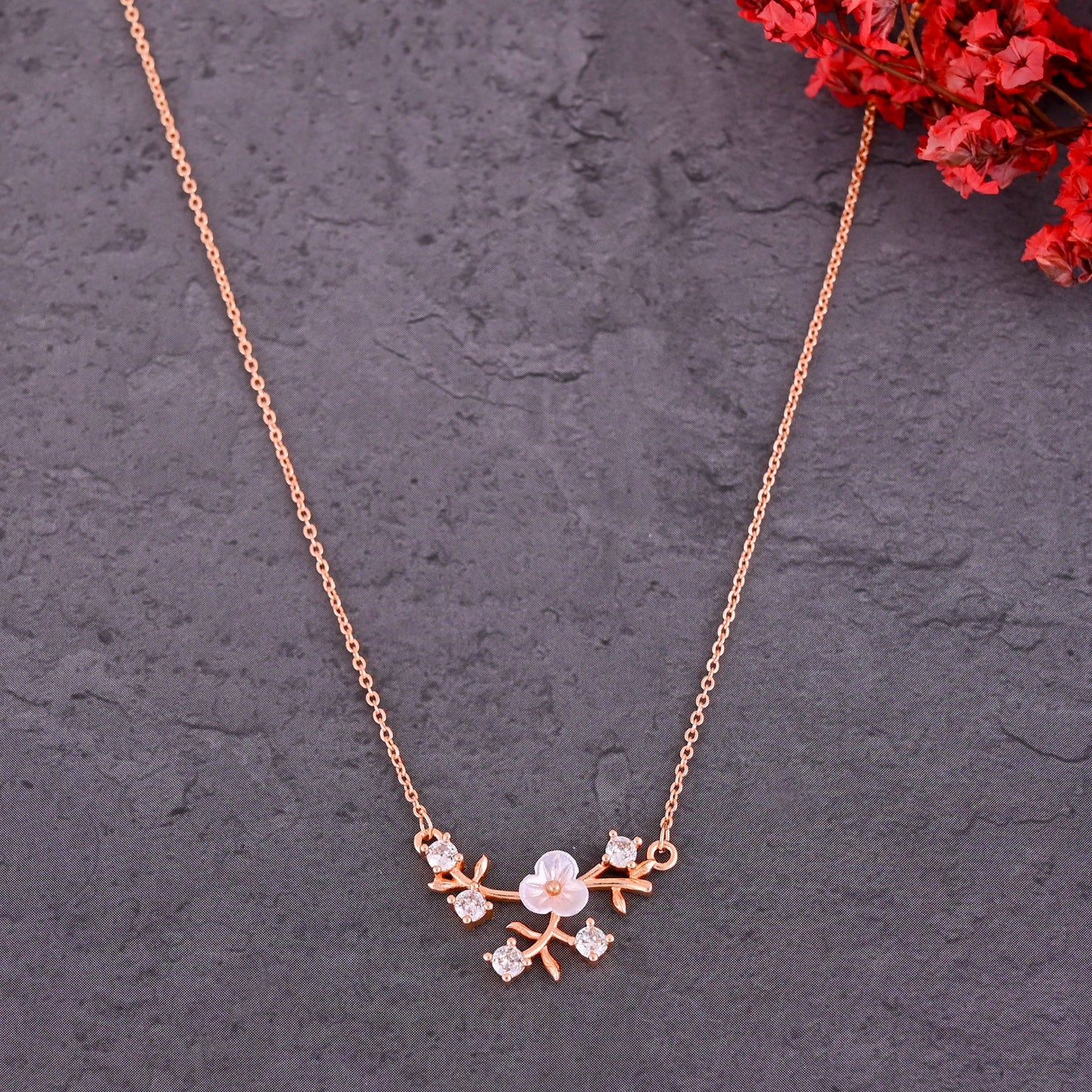CKLAKART's Noor Elegant Bouquet Pendant Necklace – Rose Gold-Toned with American Diamond Accents
