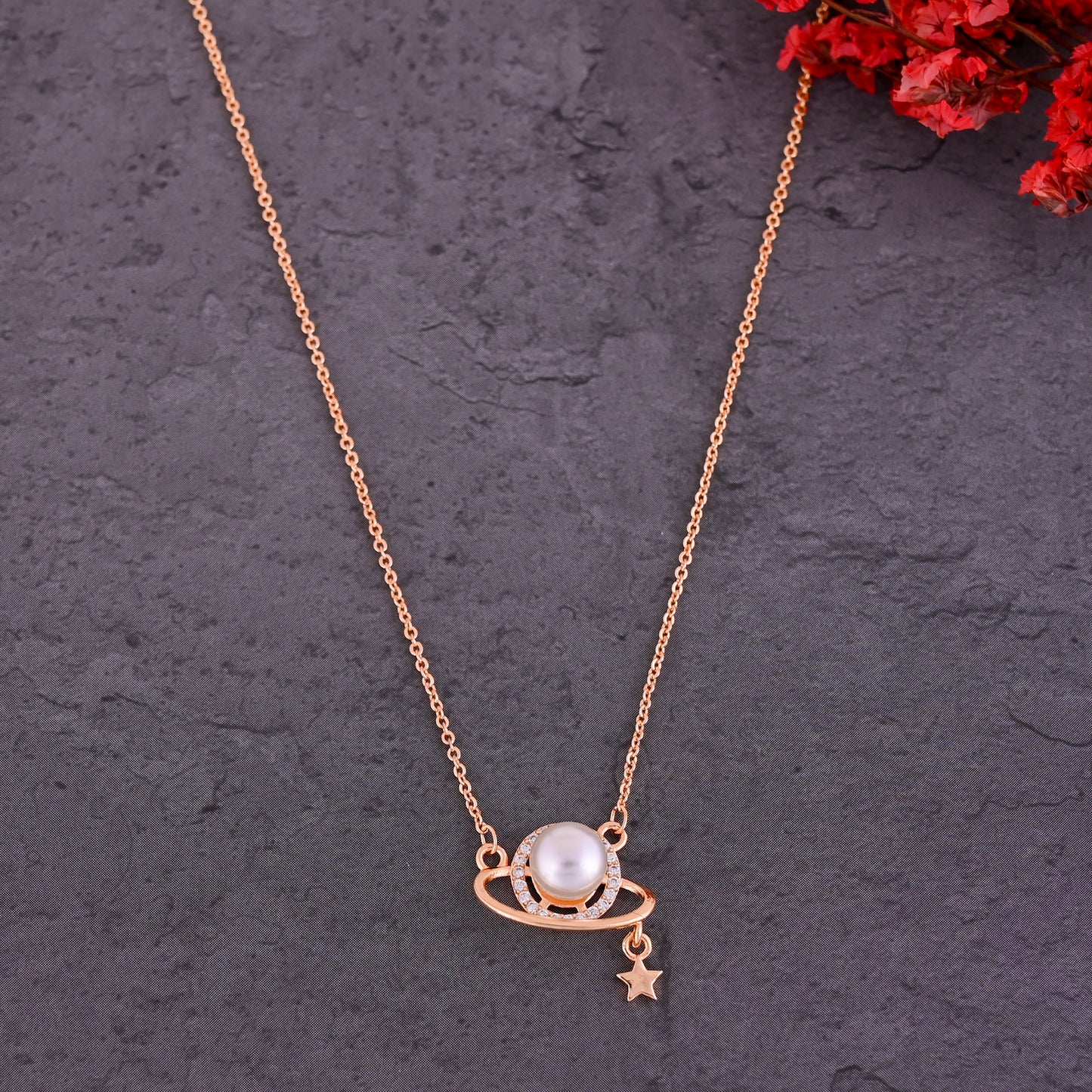 CKLAKART's Rose Gold-Toned Neckpiece Featuring Galaxy Pendant with American Diamonds and Pearl