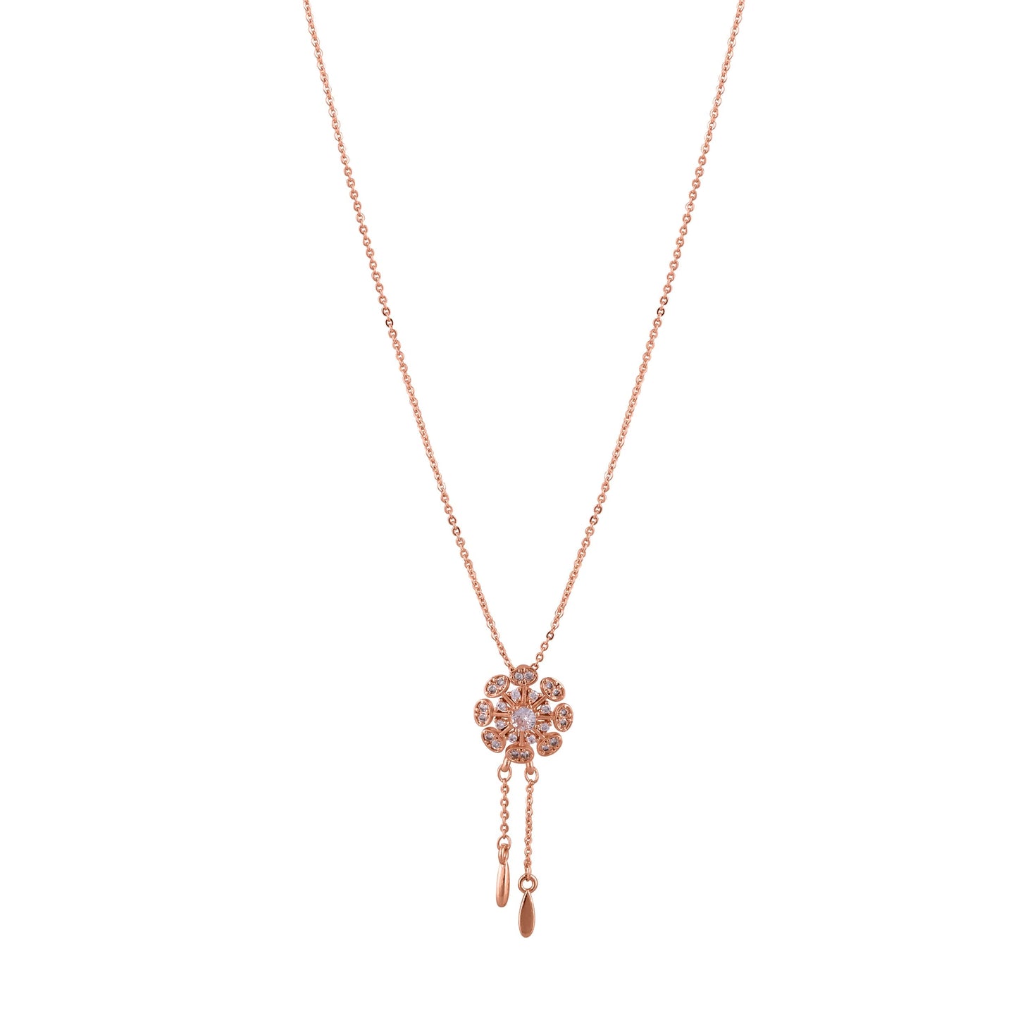 CKLAKART's Noor Elegant Flower & Droplets Pendant Necklace – Rose Gold-Toned with American Diamond Accents