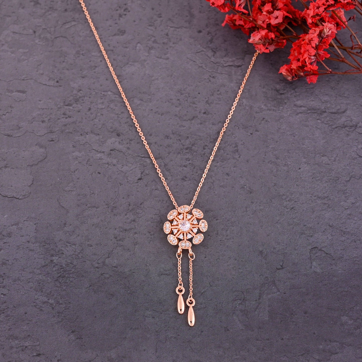 CKLAKART's Noor Elegant Flower & Droplets Pendant Necklace – Rose Gold-Toned with American Diamond Accents