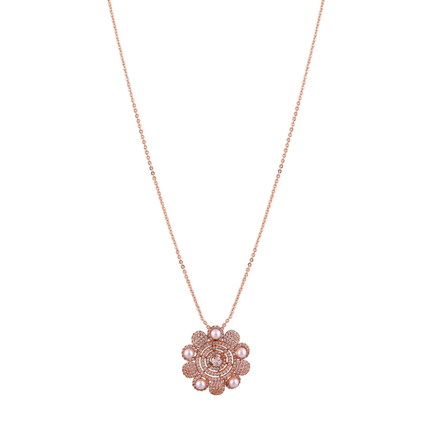 CKLAKART's Noor Elegant Blooming Flower Pendant Necklace – Rose Gold-Toned with American Diamond and Pearl Accents