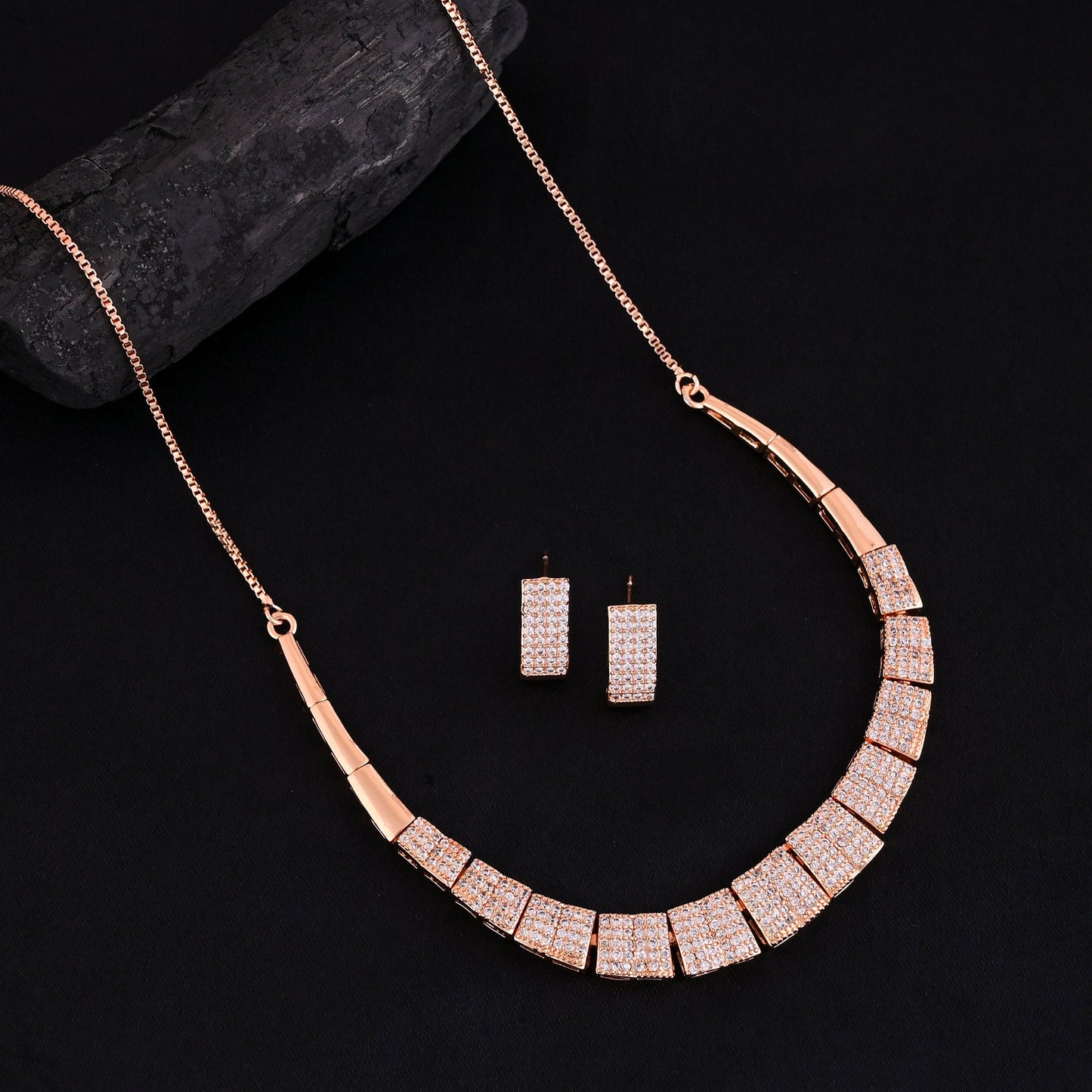 CKLAKART's NOOR Rose Gold-Toned Choker Neckpiece Featuring Rectangle and American Diamonds