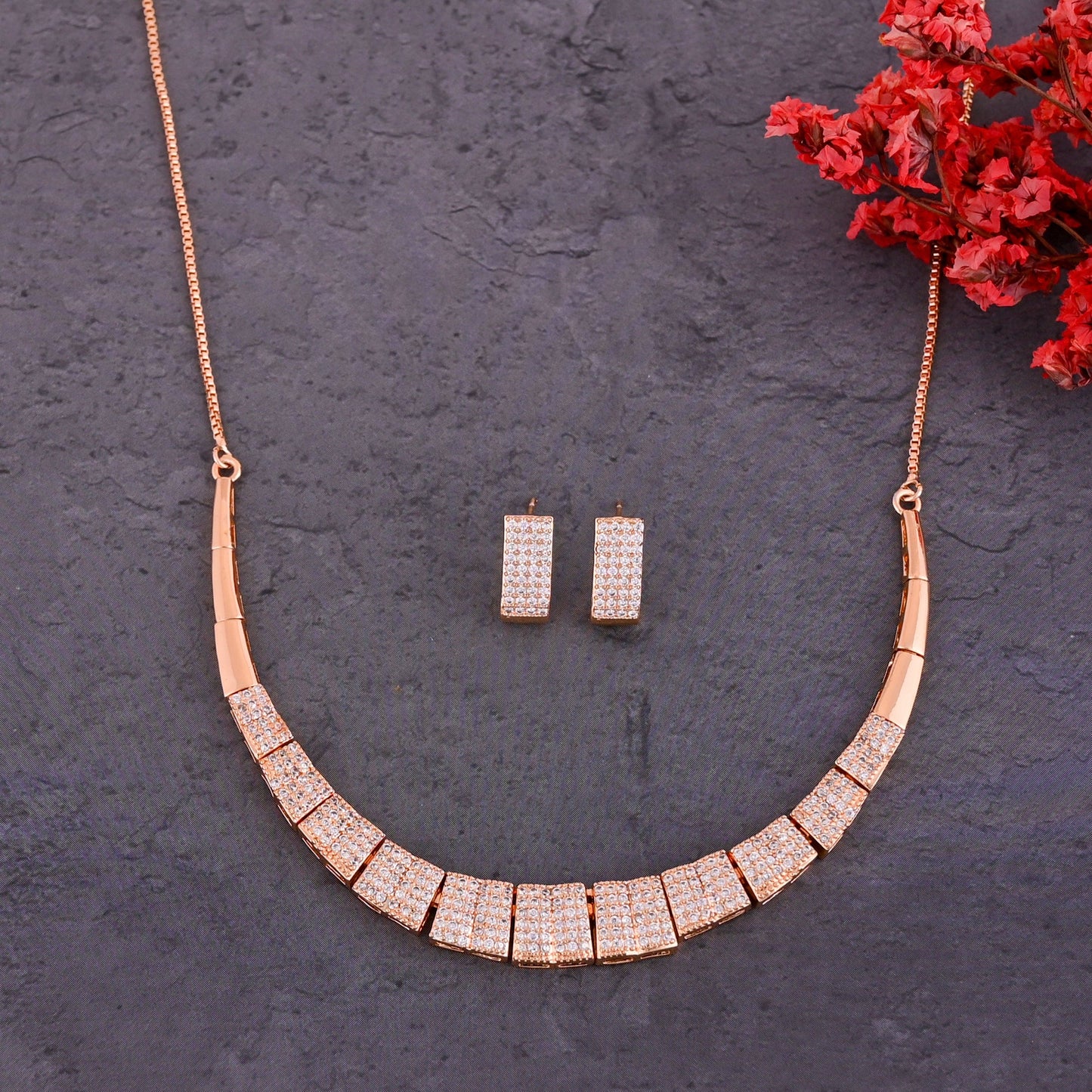 CKLAKART's NOOR Rose Gold-Toned Choker Neckpiece Featuring Rectangle and American Diamonds