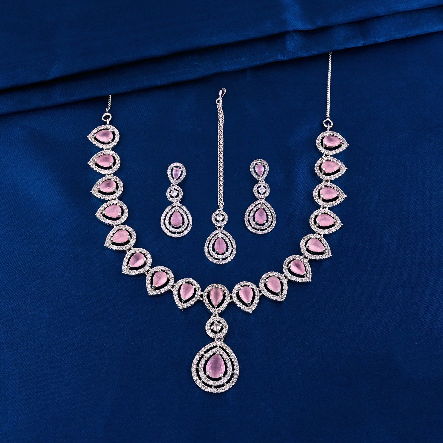 CKLAKART's NOOR Elegant Silver Necklace Set with maang tika – Pink Drop Stones and American Diamonds