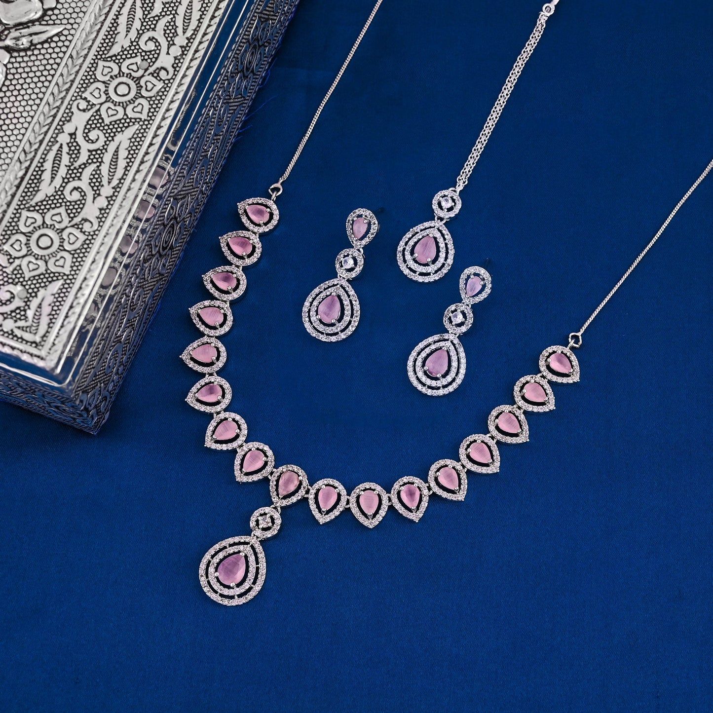 CKLAKART's NOOR Elegant Silver Necklace Set with maang tika – Pink Drop Stones and American Diamonds