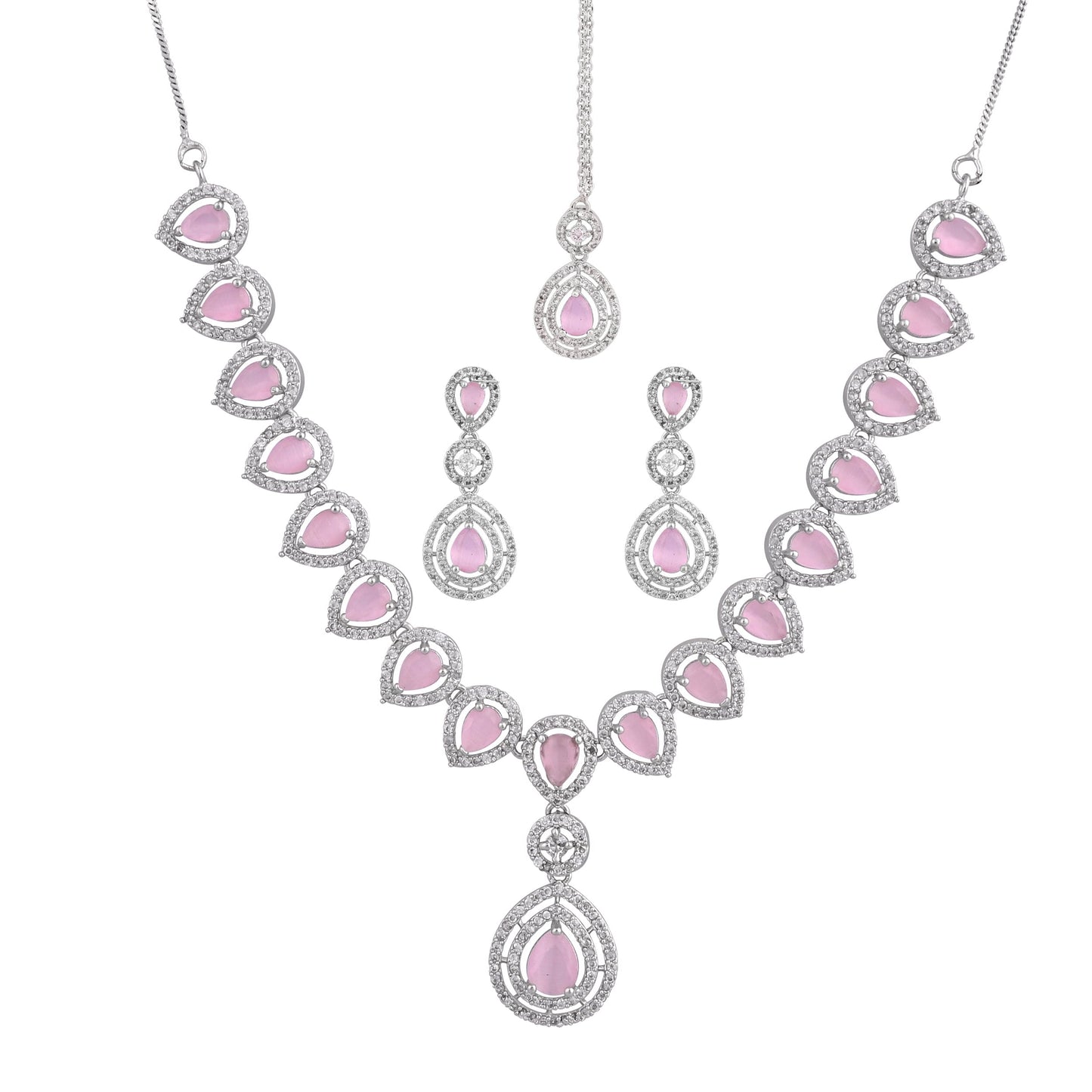 CKLAKART's NOOR Elegant Silver Necklace Set with maang tika – Pink Drop Stones and American Diamonds
