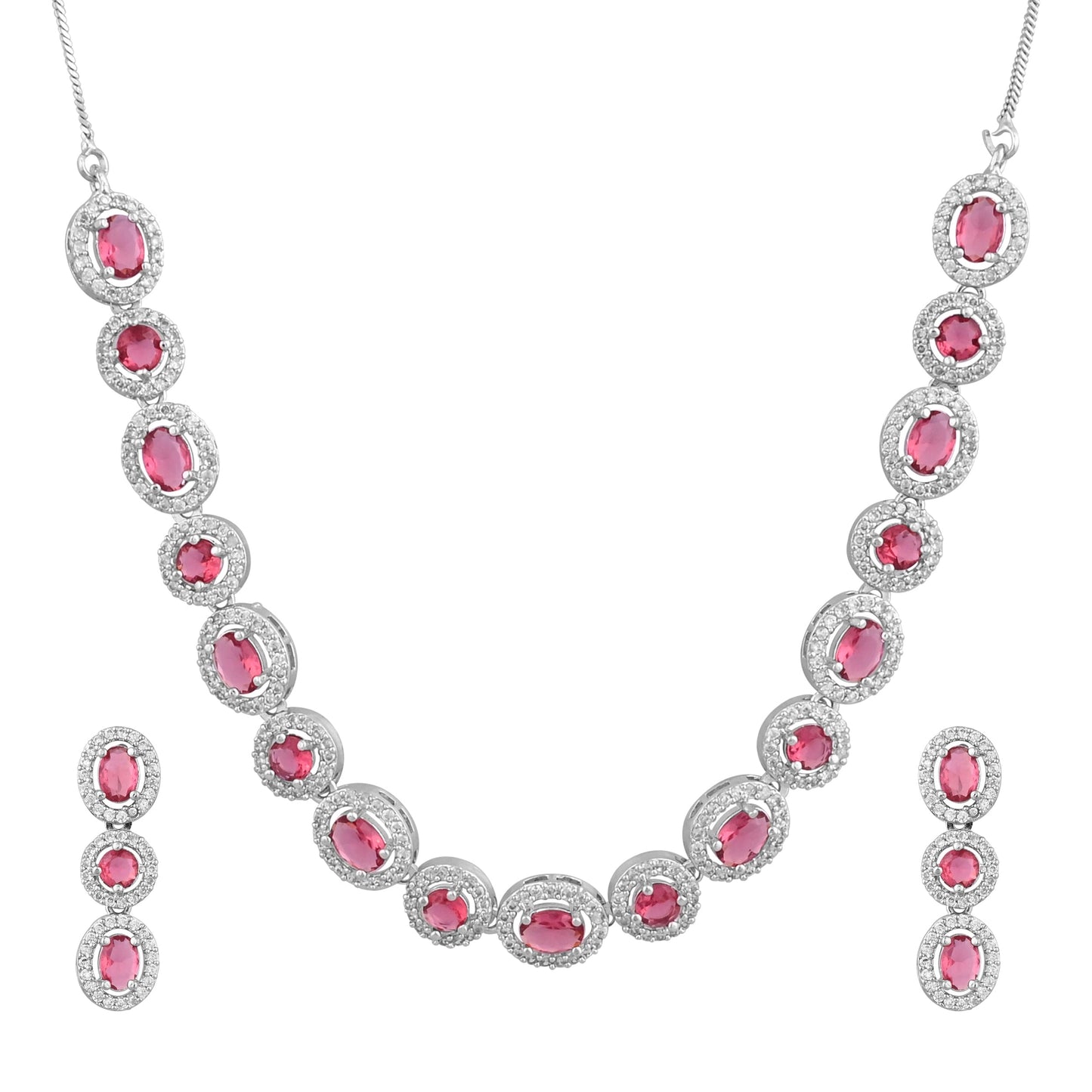 CKLAKART's NOOR Silver Necklace Set Featuring Ruby Color Stones and American Diamonds