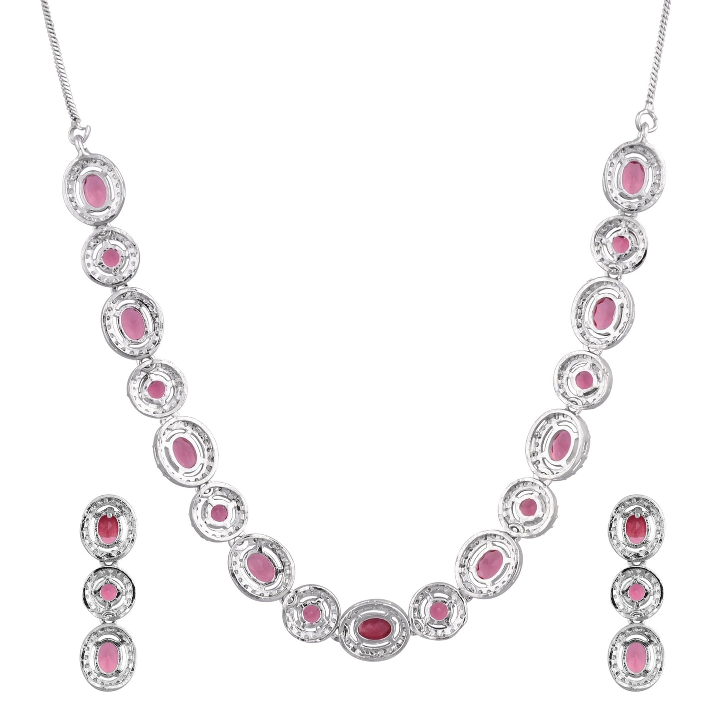 CKLAKART's NOOR Silver Necklace Set Featuring Ruby Color Stones and American Diamonds