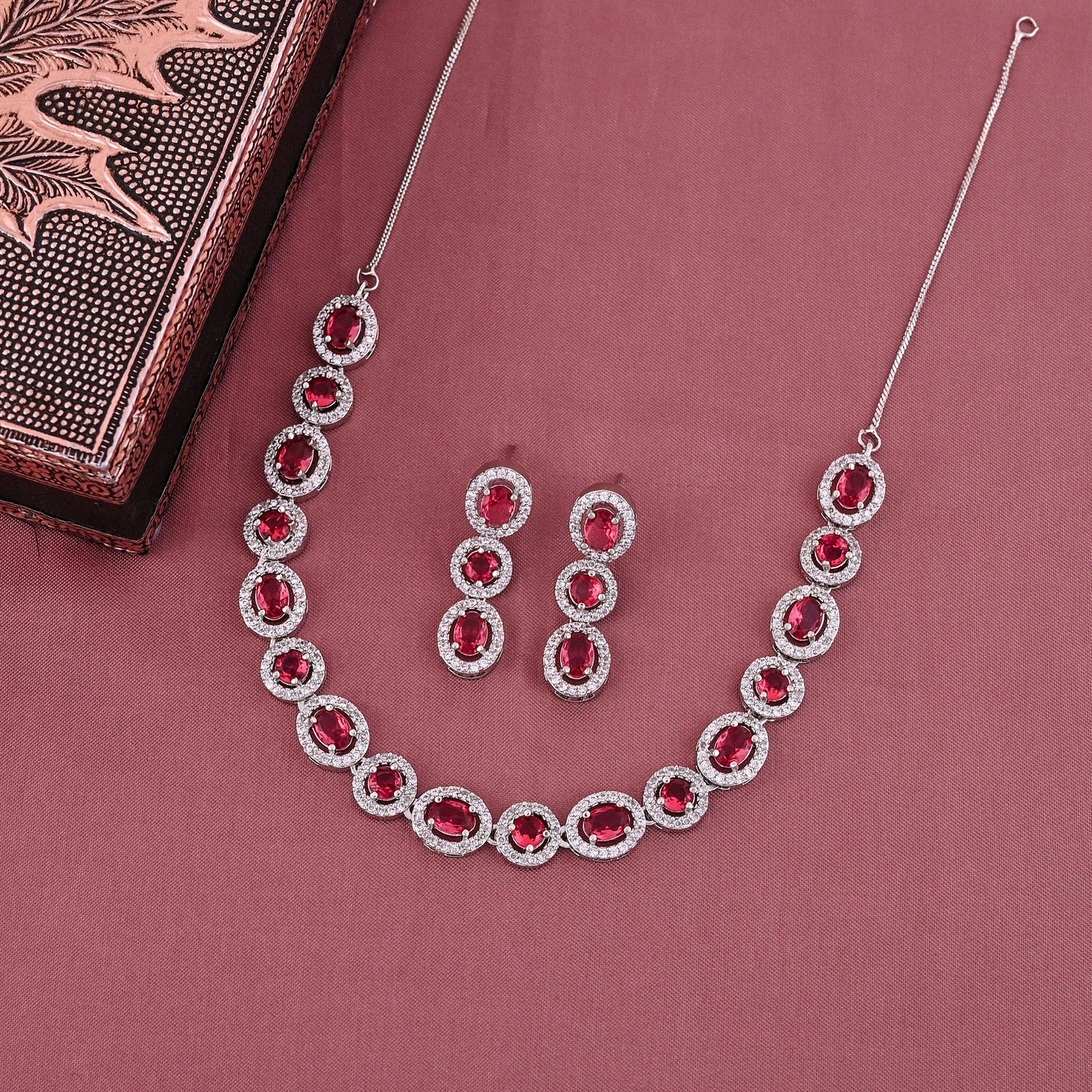 CKLAKART's NOOR Silver Necklace Set Featuring Ruby Color Stones and American Diamonds