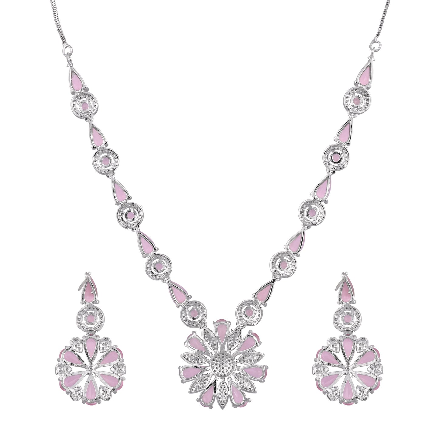 CKLAKART's NOOR Blooming Flower Necklace Set – Silver-Toned with Pink Color Stones and American Diamonds