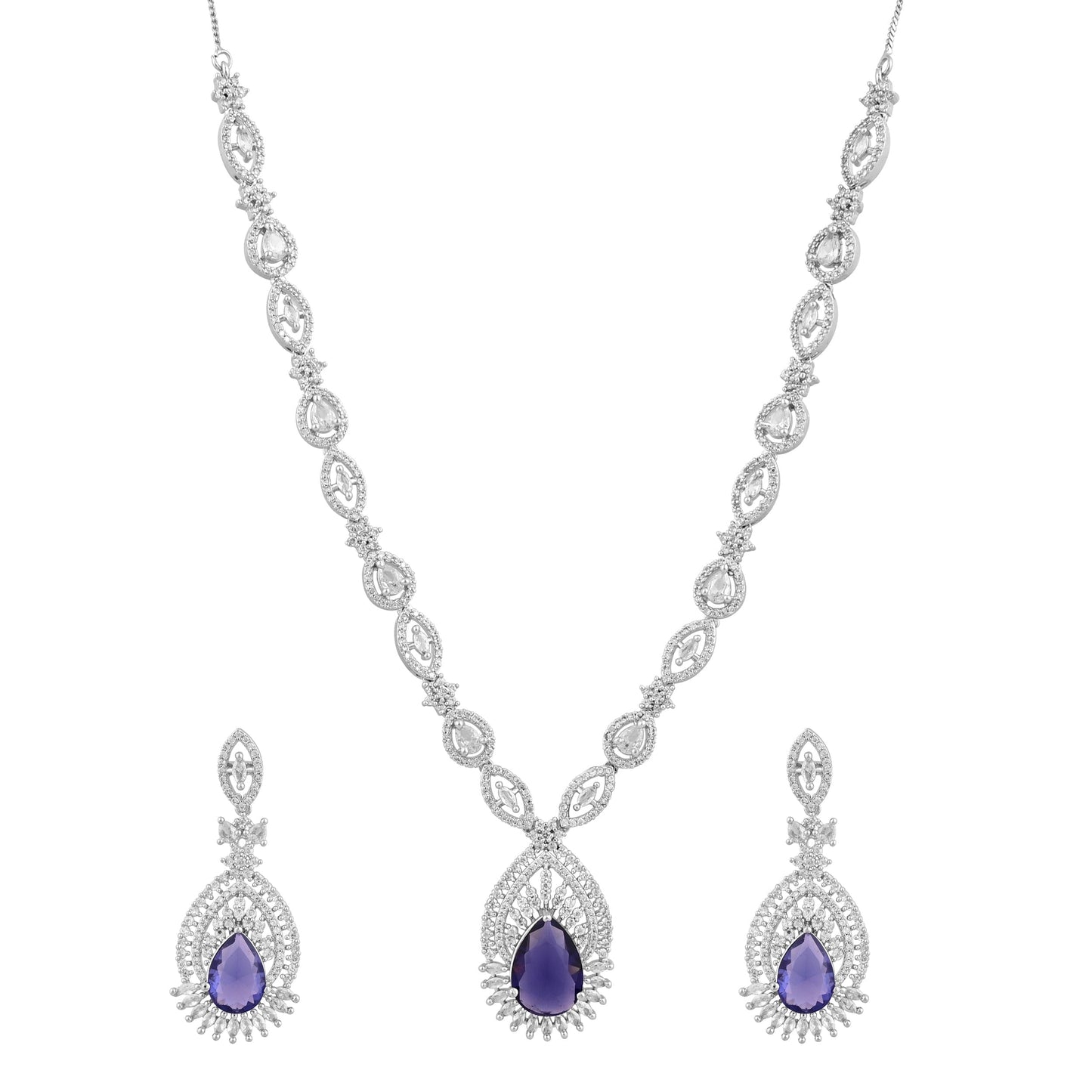 CKLAKART's NOOR Silver Necklace Set Adorned with Sapphire Blue Stones and American Diamonds