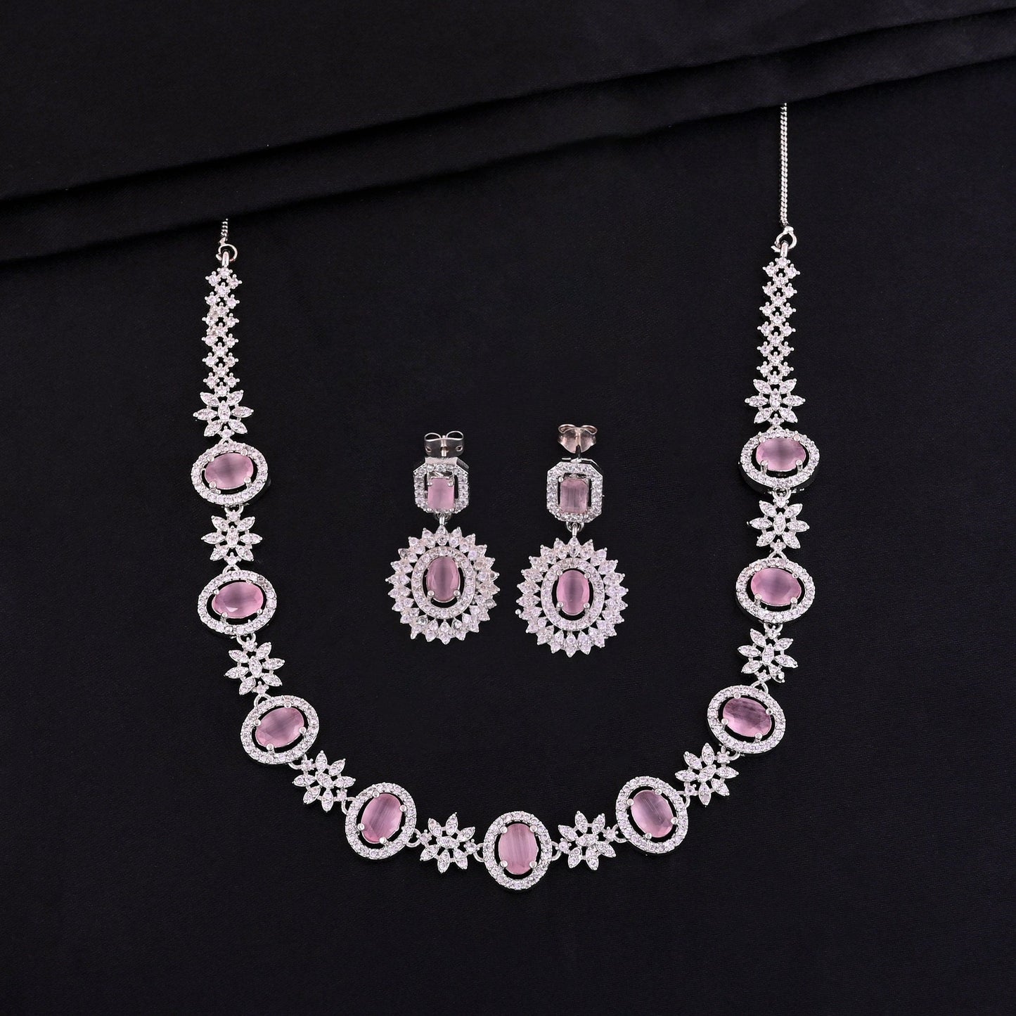 CKLAKART's NOOR Elegant Silver Necklace Set Featuring Pink Color Stones, and American Diamonds