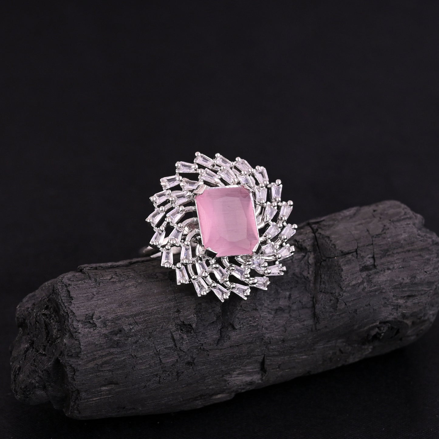 CKLAKART's NOOR Silver-Toned Ring Adorned with Rectangular Pink Color Stone and Blooming Flower Design, Enhanced with American Diamonds