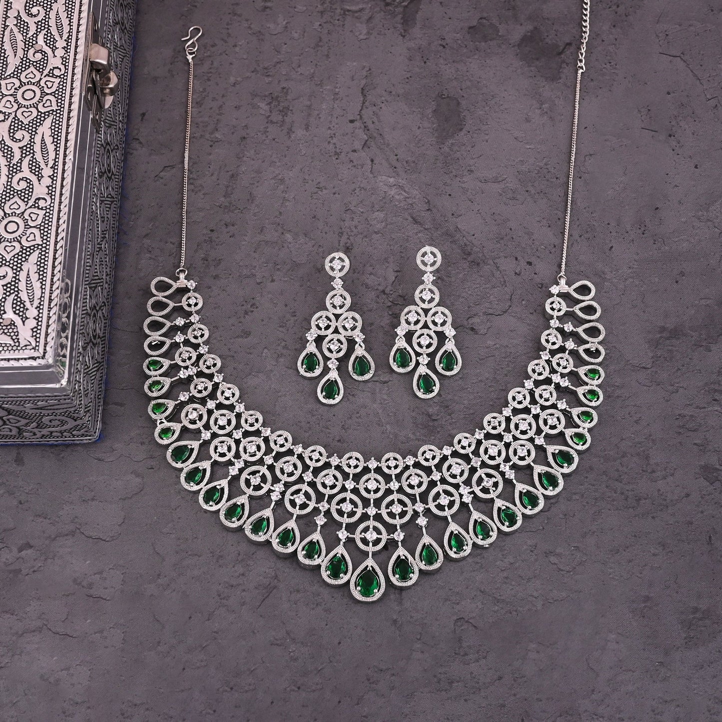 CKLAKART's NOOR American Diamond Choker Necklace – Silver-Toned Heavy Design with Emerald Green Color Stones