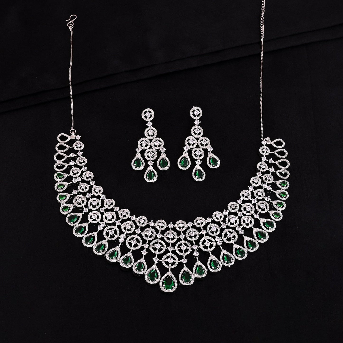 CKLAKART's NOOR American Diamond Choker Necklace – Silver-Toned Heavy Design with Emerald Green Color Stones