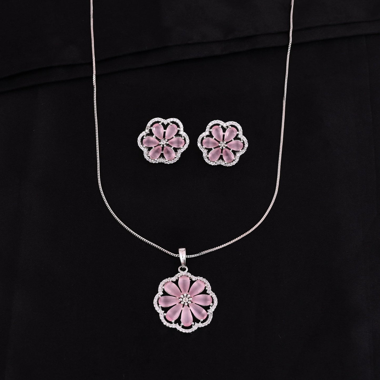 CKLAKART's NOOR Refined Silver Pendant Set with Pink color Stones and Elegant American Diamond Accents