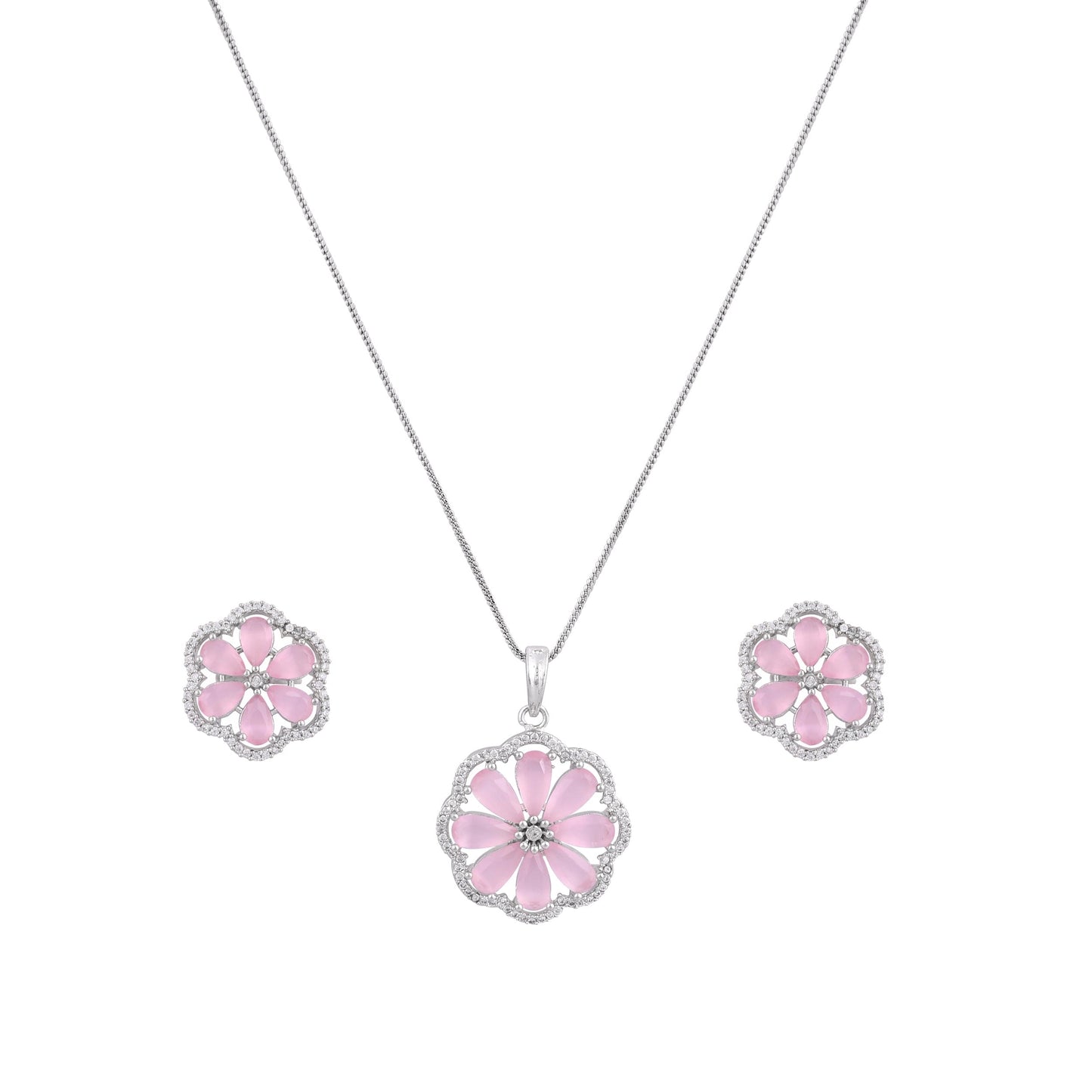 CKLAKART's NOOR Refined Silver Pendant Set with Pink color Stones and Elegant American Diamond Accents