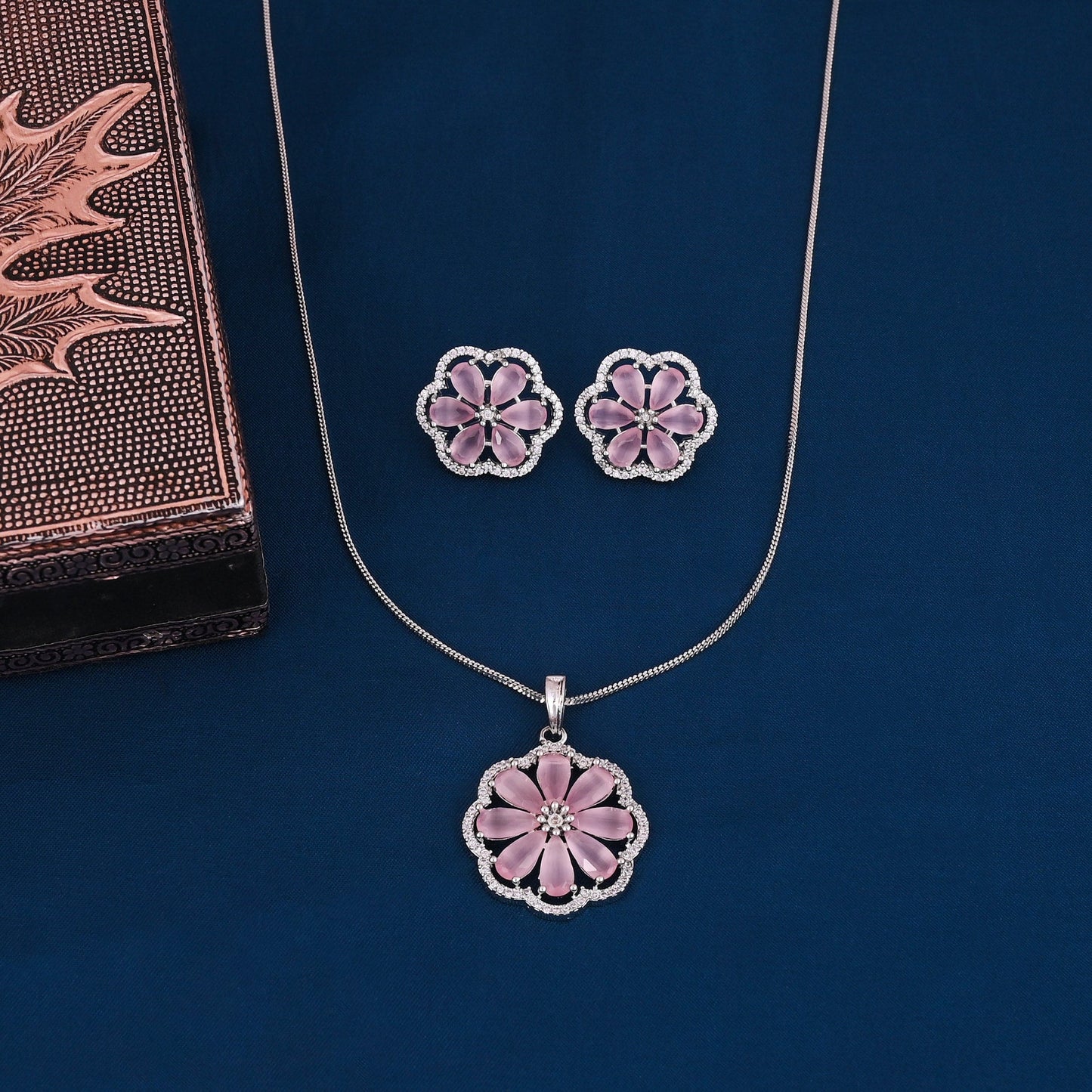 CKLAKART's NOOR Refined Silver Pendant Set with Pink color Stones and Elegant American Diamond Accents