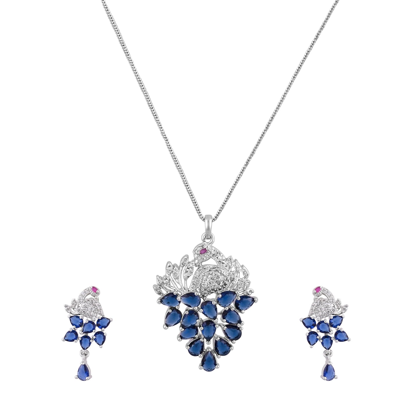 CKLAKART's NOOR Elegant Silver-Toned Peacock Pendant Set with Sapphire Blue Stones and American Diamonds