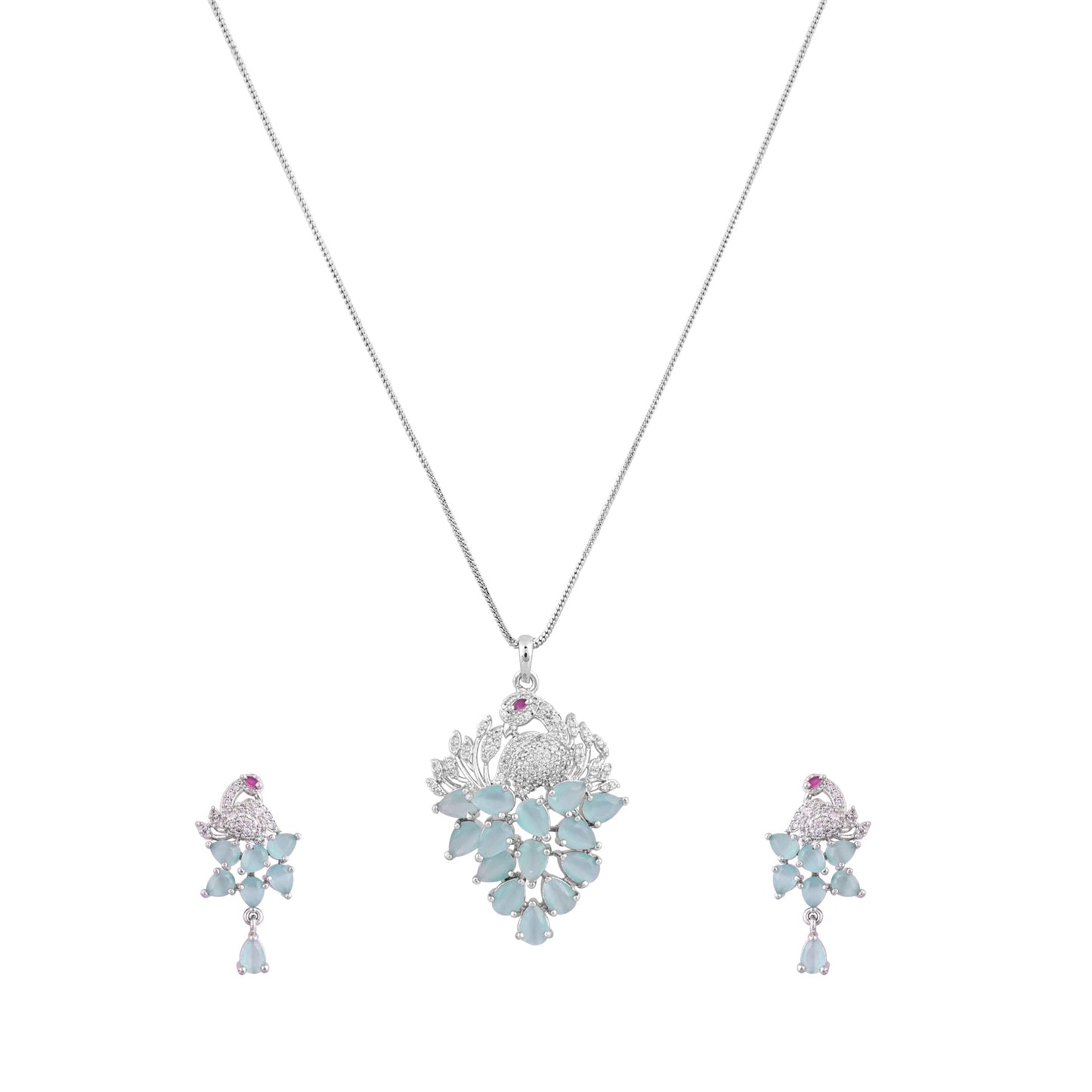 CKLAKART's NOOR Elegant Silver-Toned Peacock Pendant Set with Aquamarine Green Stones and American Diamonds