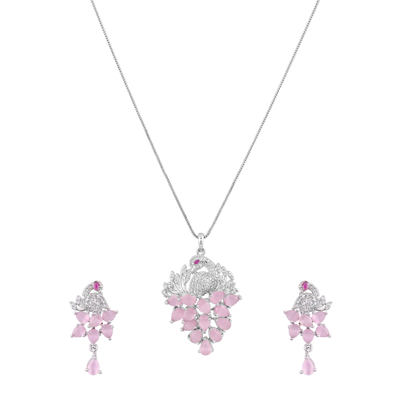 CKLAKART's NOOR Elegant Silver-Toned Peacock Pendant Set with Pink Stones and American Diamonds