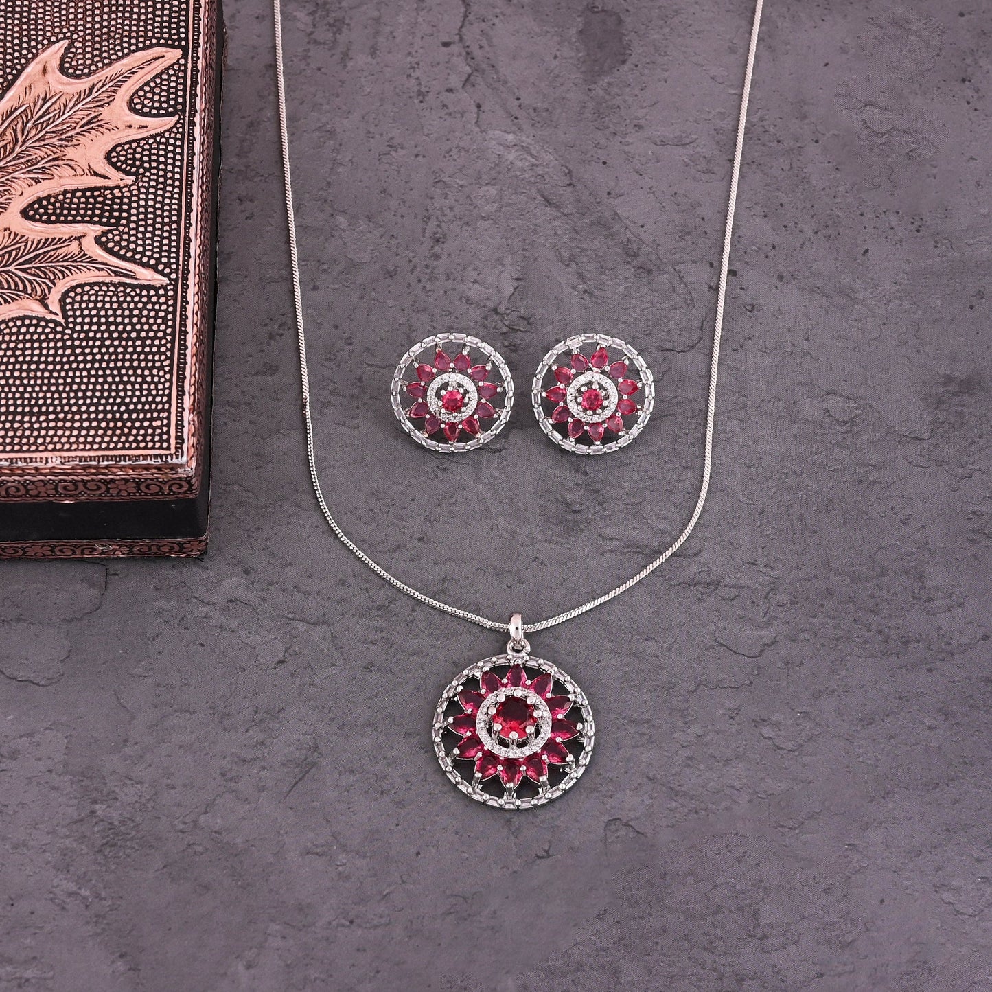 CKLAKART's NOOR Classic Silver-Toned Pendant Set with Ruby Red Stones and Sophisticated American Diamonds
