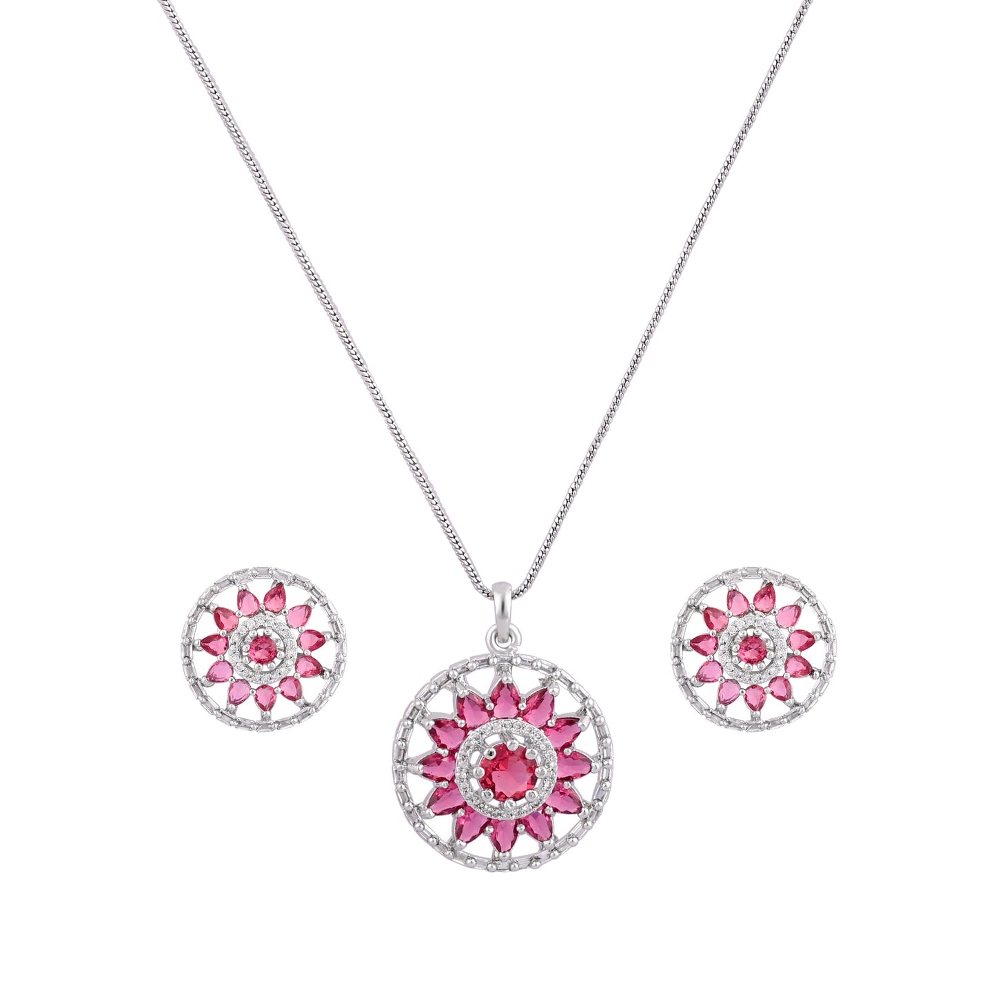 CKLAKART's NOOR Classic Silver-Toned Pendant Set with Ruby Red Stones and Sophisticated American Diamonds