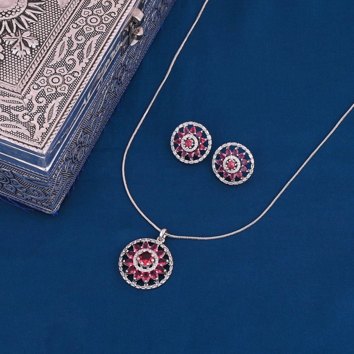 CKLAKART's NOOR Classic Silver-Toned Pendant Set with Ruby Red Stones and Sophisticated American Diamonds