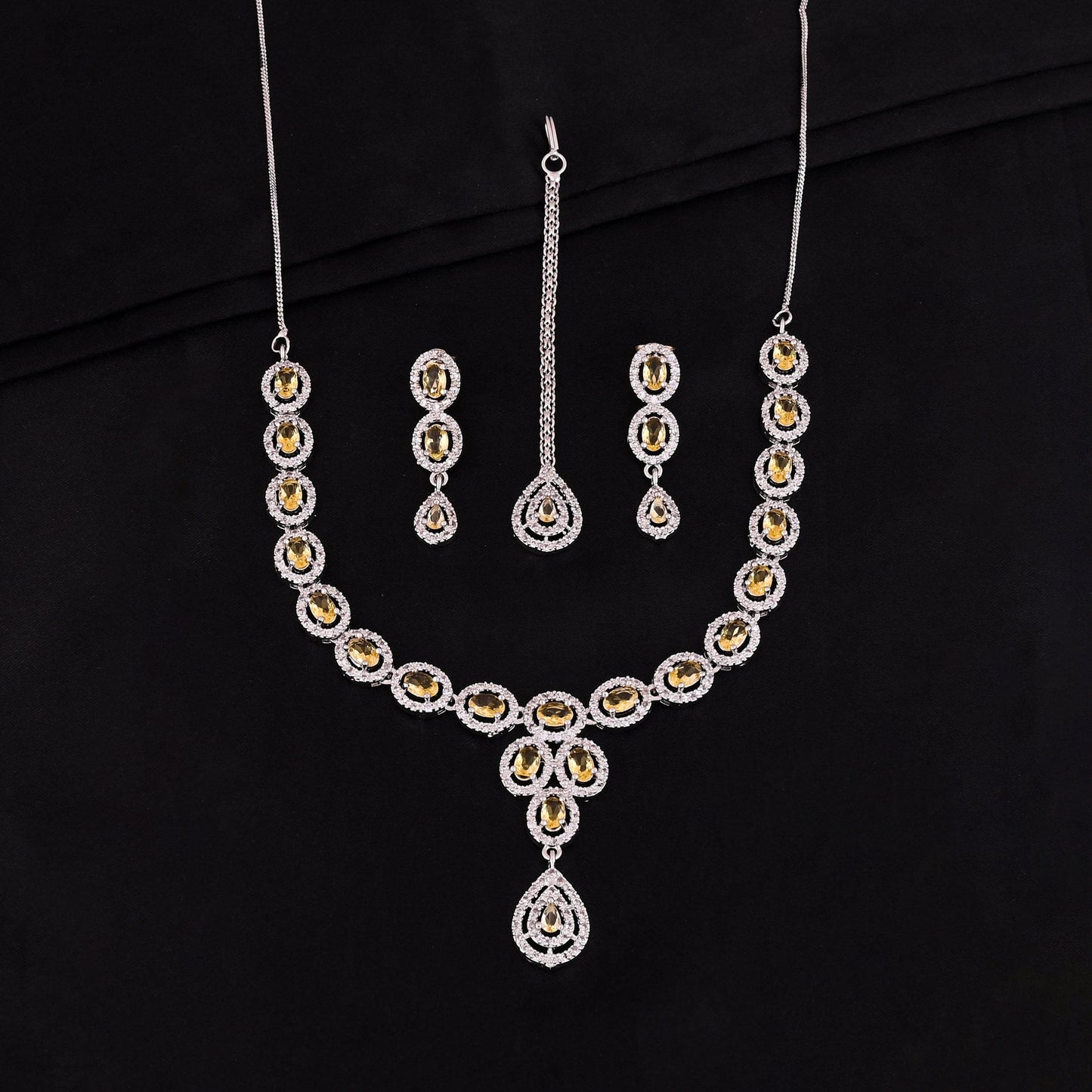 CKLAKART's NOOR Silver-Toned Necklace Set Adorned with Citrine Yellow Stones and Dazzling American Diamonds