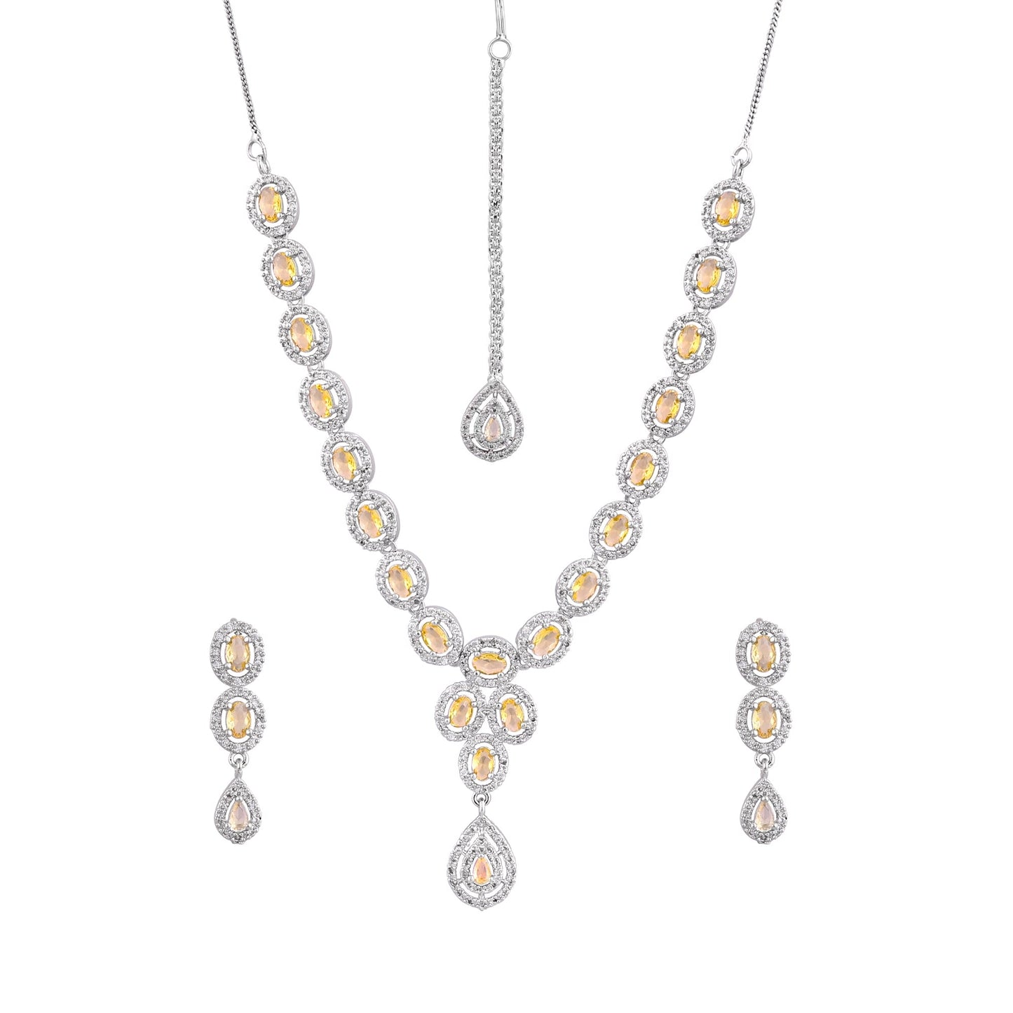 CKLAKART's NOOR Silver-Toned Necklace Set Adorned with Citrine Yellow Stones and Dazzling American Diamonds