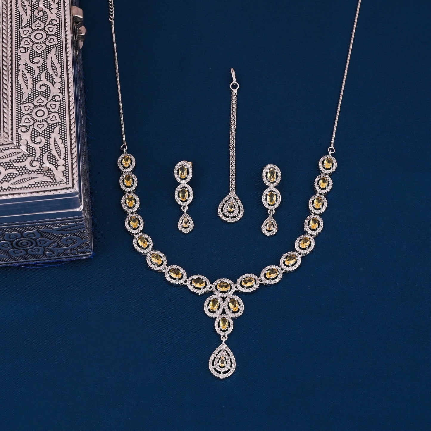 CKLAKART's NOOR Silver-Toned Necklace Set Adorned with Citrine Yellow Stones and Dazzling American Diamonds