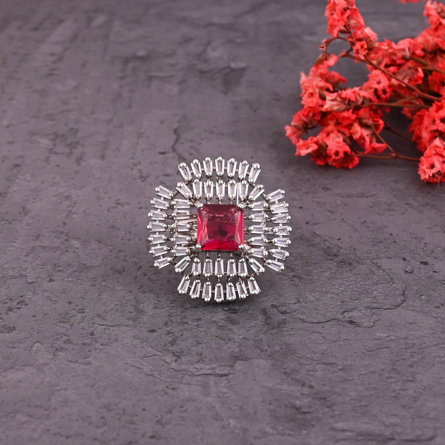 CKLAKART's NOOR Elegant Silver-Toned Ring with Ruby Red Stones and American Diamonds