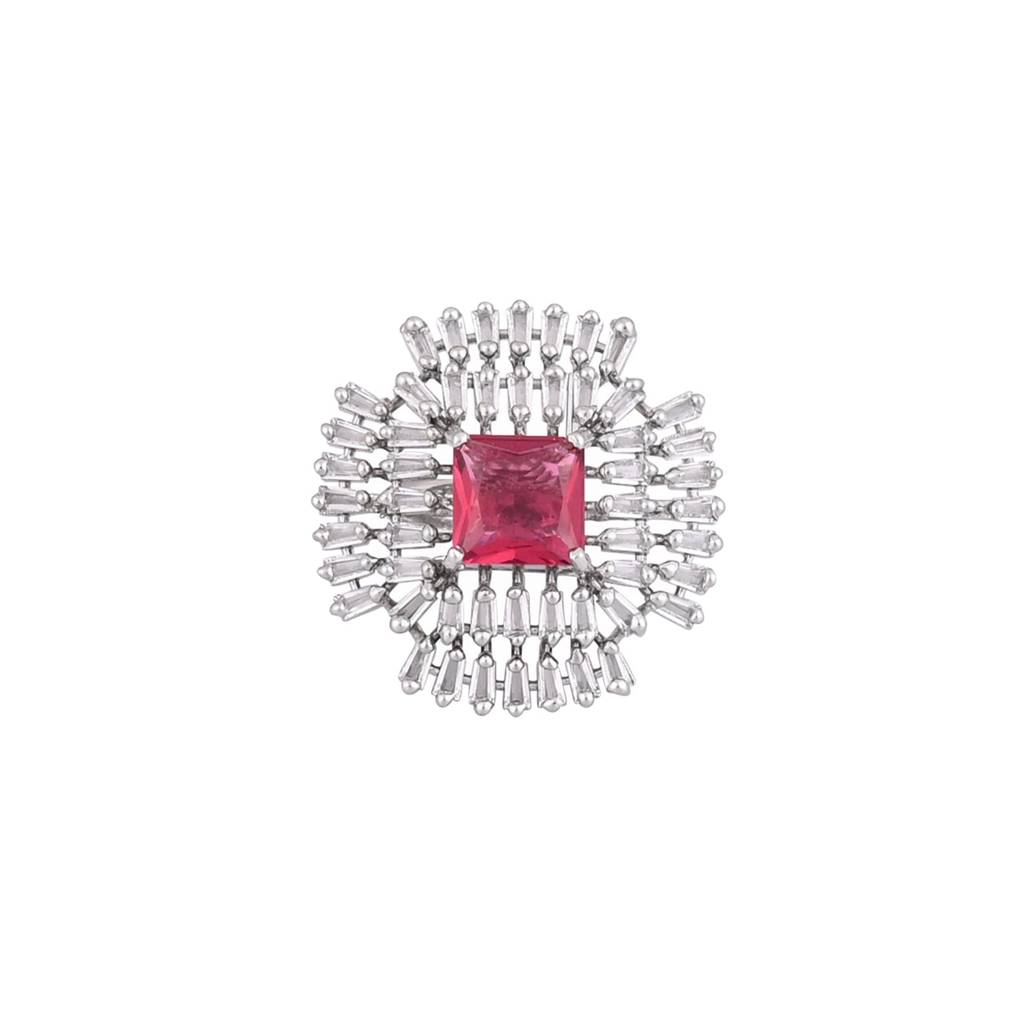 CKLAKART's NOOR Elegant Silver-Toned Ring with Ruby Red Stones and American Diamonds