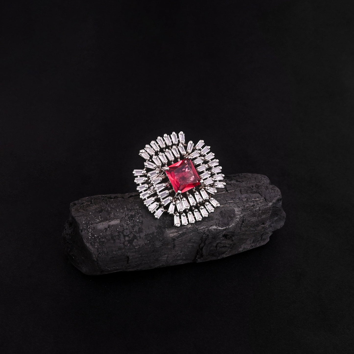 CKLAKART's NOOR Elegant Silver-Toned Ring with Ruby Red Stones and American Diamonds