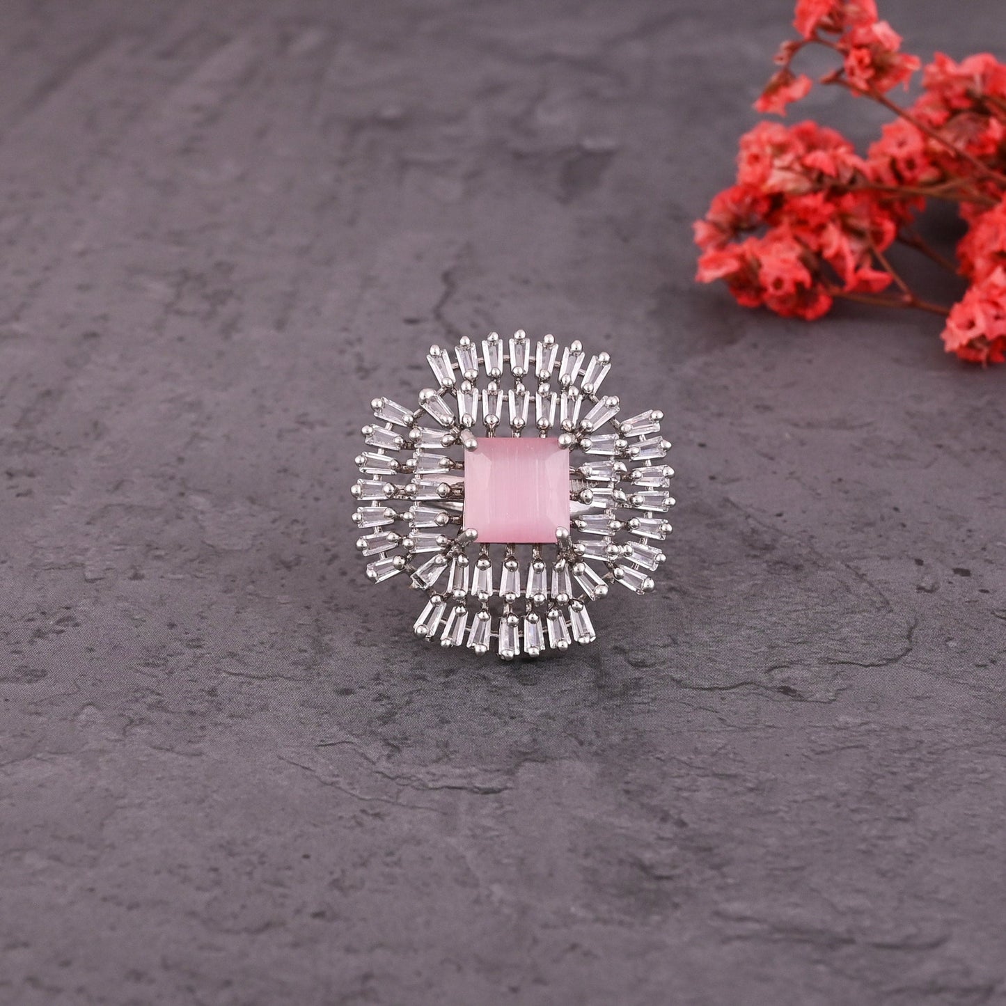 CKLAKART's NOOR Elegant Silver-Toned Ring with Pink Stones and American Diamonds