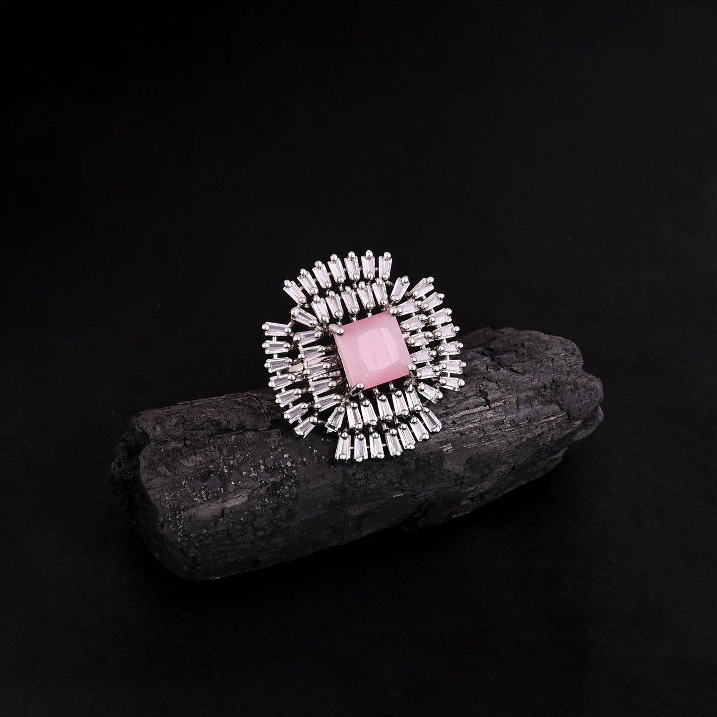 CKLAKART's NOOR Elegant Silver-Toned Ring with Pink Stones and American Diamonds