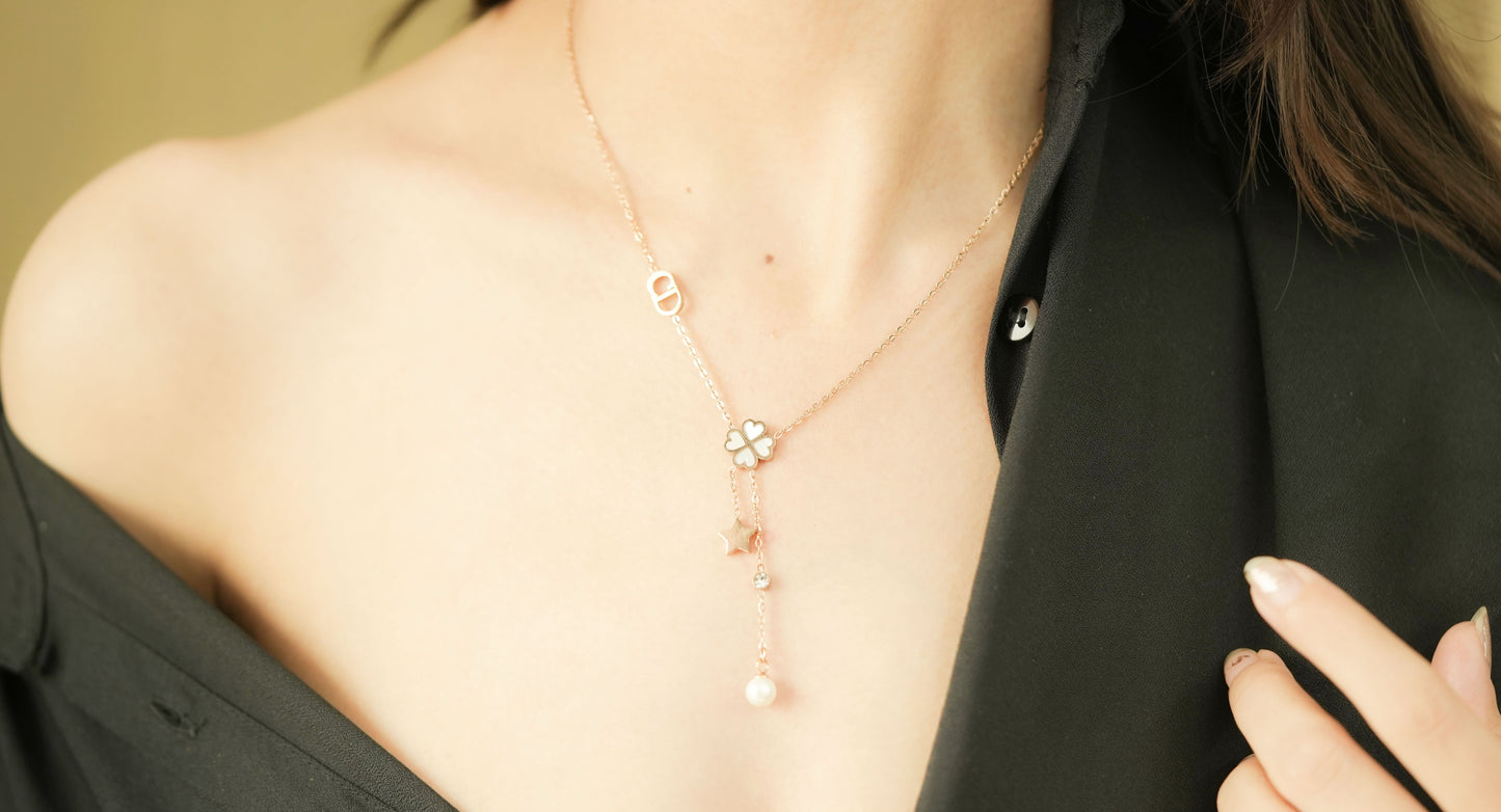 CKLAKART's Rose Gold Toned Necklace with Star and Pearl Droplets