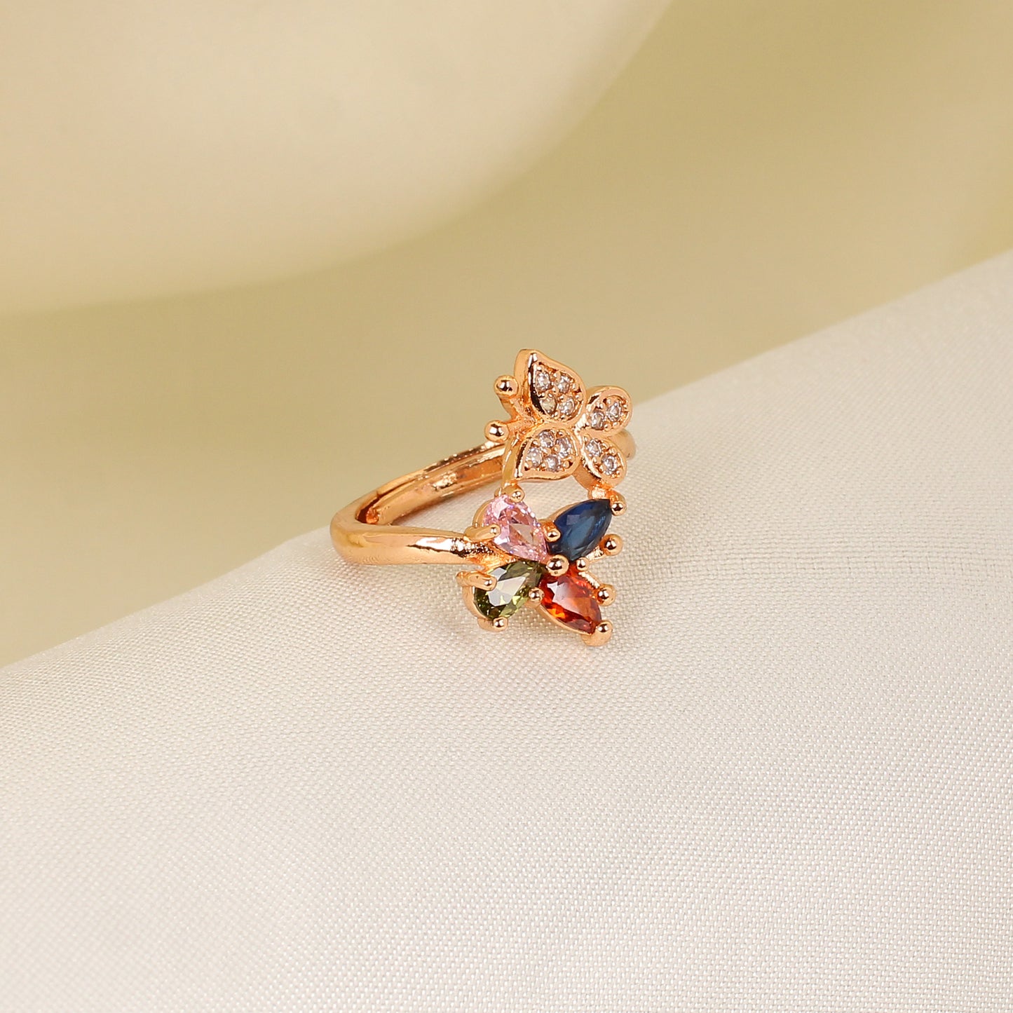 CKLAKART's Butterfly-Shaped Rose Gold Ring with Multicolored Gems