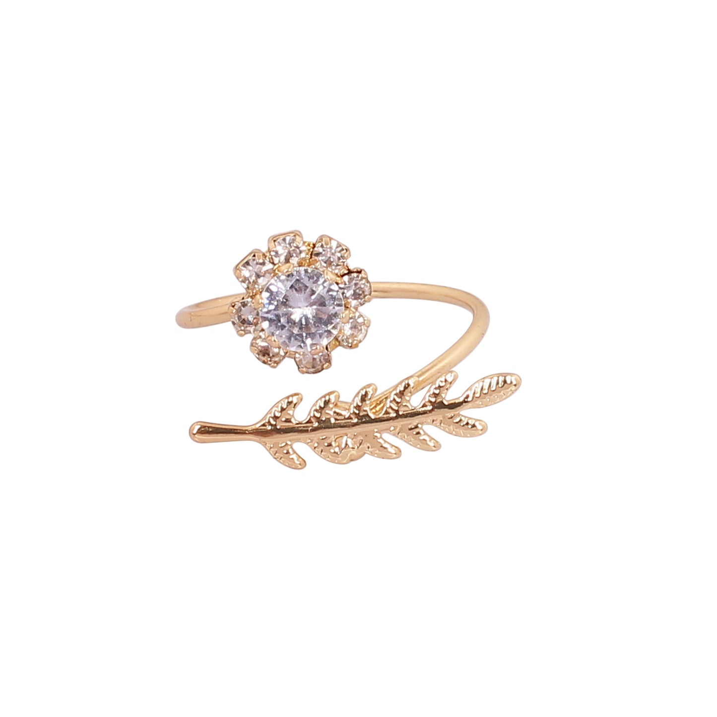 CKLAKART's Gold Polished Leaf and Flower ring with white  American Diamond Accents