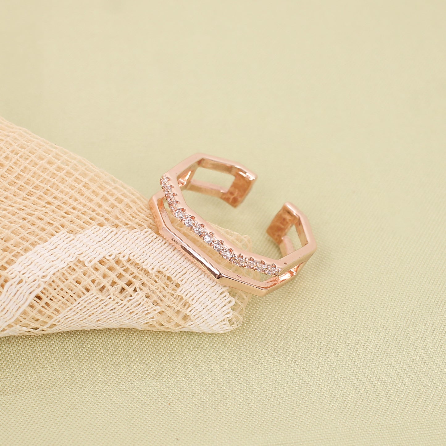 CKLAKART's Rose Gold Hexagon Band Ring with Sparkling White Stones