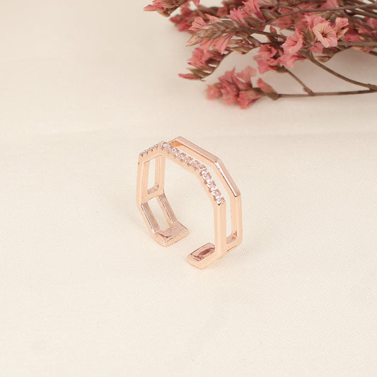 CKLAKART's Rose Gold Hexagon Band Ring with Sparkling White Stones