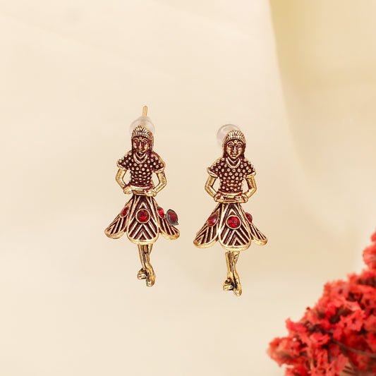 CKLAKART's Antique Gold toned Earrings with Ruby-Studded Dancing Figures