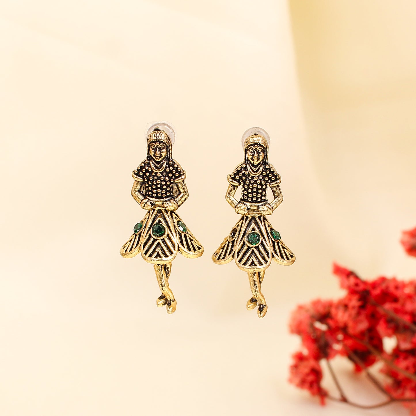 CKLAKART's Antique Gold Toned Earrings with Emerald Green-Studded Dancing Figures