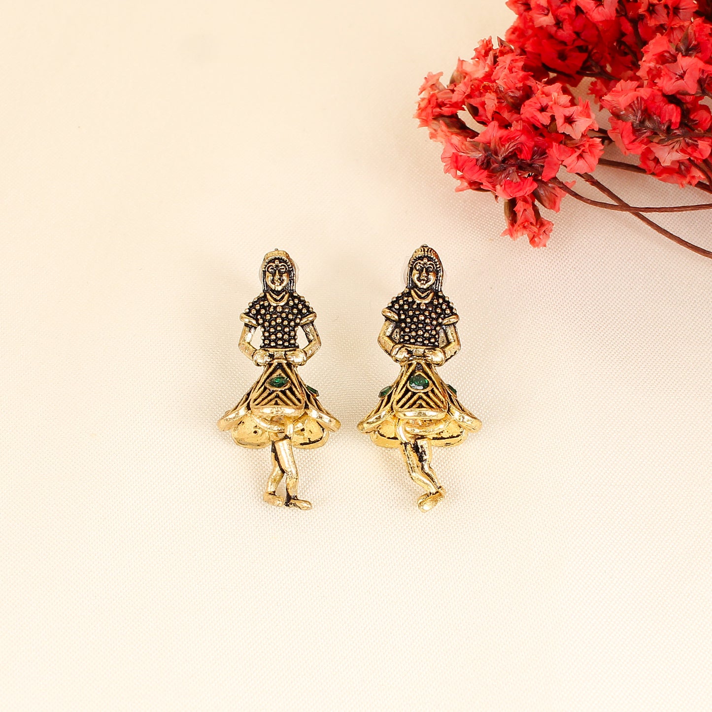 CKLAKART's Antique Gold Toned Earrings with Emerald Green-Studded Dancing Figures