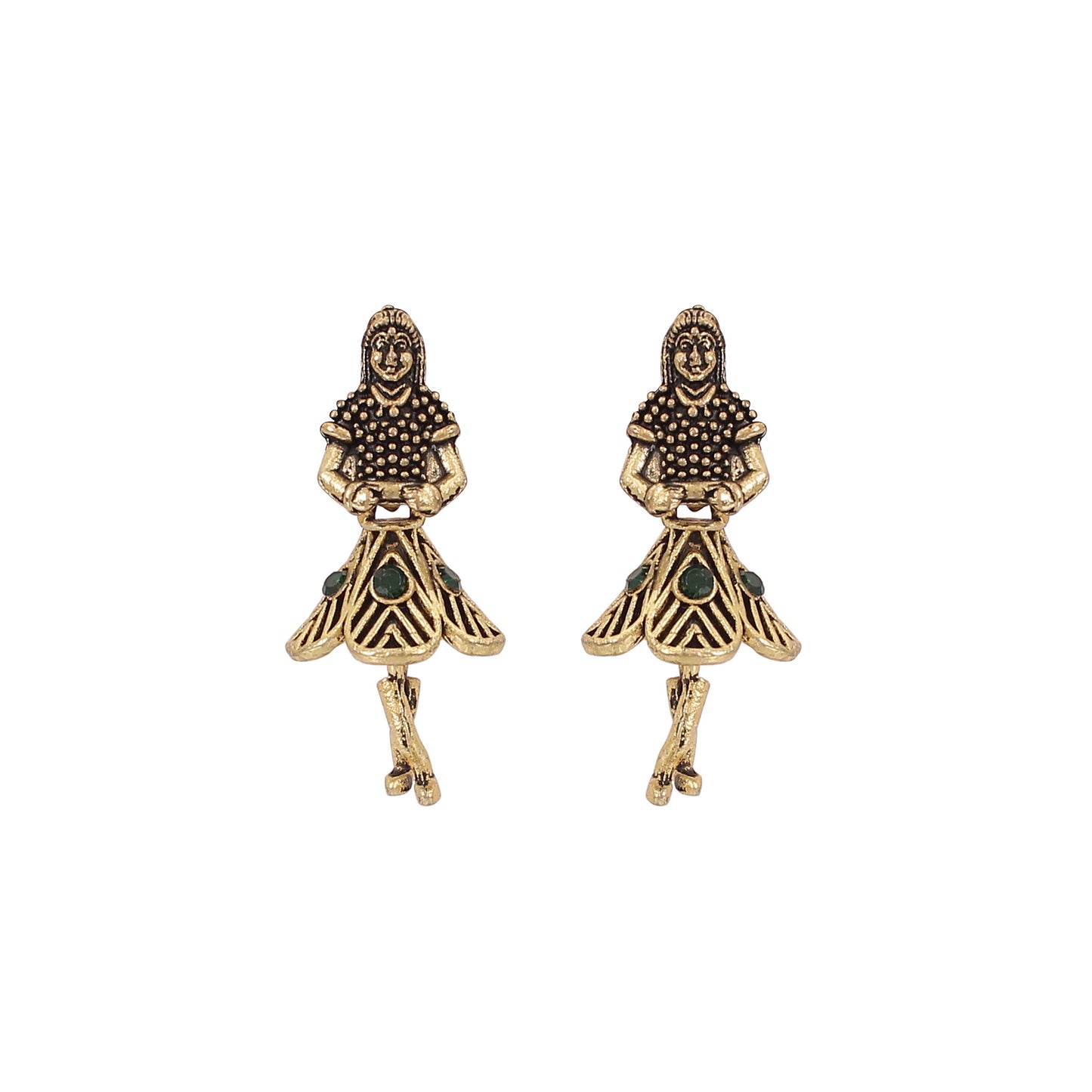 CKLAKART's Antique Gold Toned Earrings with Emerald Green-Studded Dancing Figures