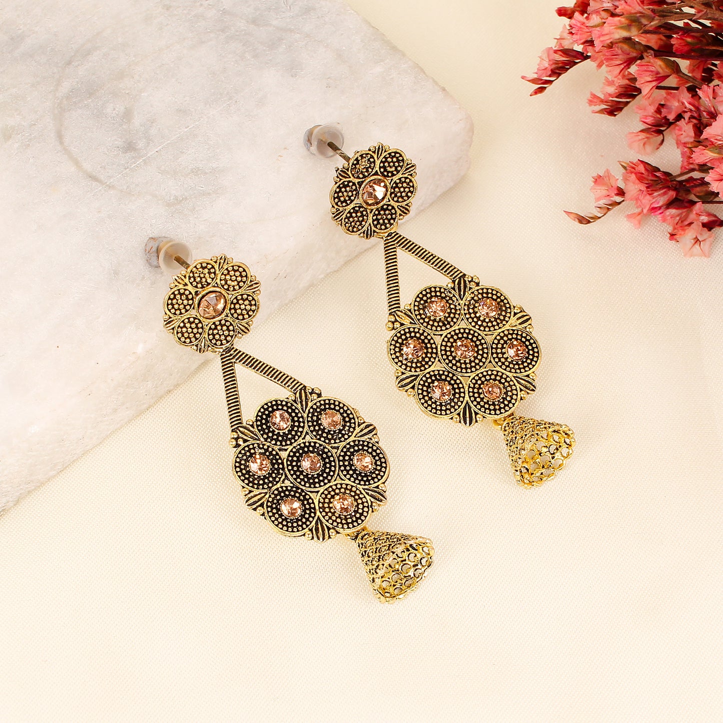 CKLAKART's Antique Earrings with Gold Toned Blooming Flowers and Peach Stone Accents